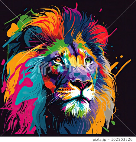 Vibrant stylized lion with bold lines and a mix of colorful color. Generative AI AIG15. 102503526