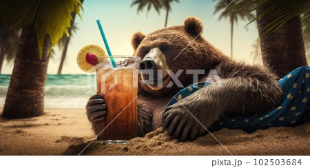 grizzly is on summer vacation at seaside resort and relaxing on summer beach grizzly is on summer vacation at seaside resort and relaxing on summer beach 102503684