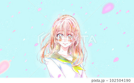 セーラー服の女子学生　笑顔　涙　桜吹雪　上半身 102504190