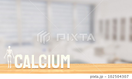 The white calcium text and Skeleton on wood table 3d rendering 102504307