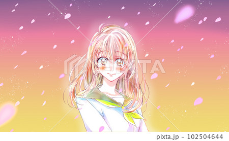 セーラー服の女子学生 笑顔 桜吹雪 夕暮れ 上半身 セーラー服の女子学生 笑顔 桜吹雪 夕暮れ 上半身 102504644