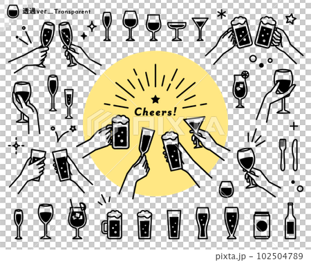 シンプルな乾杯・飲み会のイラストセット　お酒　アイコン　手　ビール　ワイン　グラス　アルコール 102504789