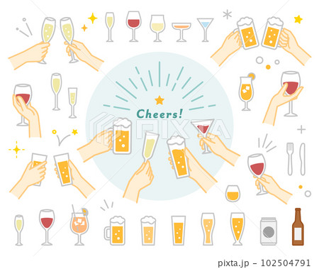 シンプルな乾杯・飲み会のイラストセット お酒 アイコン 手 ビール ワイン グラス アルコール シンプルな乾杯・飲み会のイラストセット お酒 アイコン 手 ビール ワイン グラス アルコール 102504791