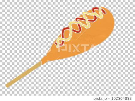 Illustration of a corn dog with mustard and ketchup (print style) 102504858