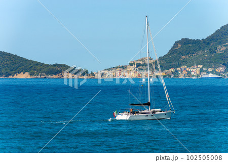 Sailing Boat in Motion in Front of Porto Venere - Liguria Italy Sailing Boat in Motion in Front of Porto Venere - Liguria Italy 102505008
