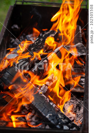 The firewood in the grill burns with a bright orange flame of fire 102505508