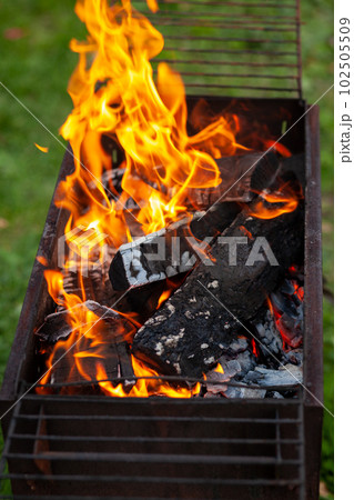 The firewood in the grill burns with a bright orange flame of fire 102505509