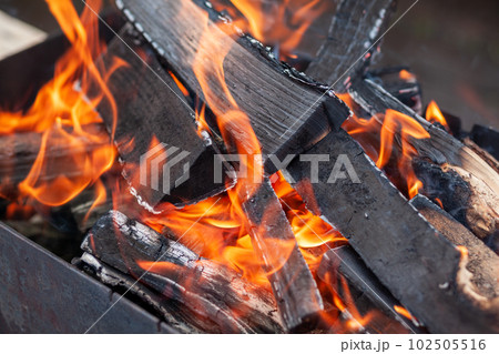The firewood in the grill burns with a bright orange flame of fire The firewood in the grill burns with a bright orange flame of fire 102505516