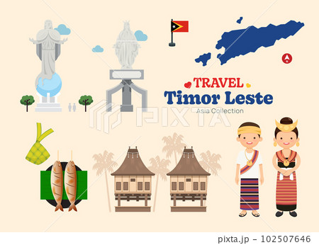 Travel Timor Leste flat icons set. Timor Leste element icon map and landmarks symbols and objects collection. Vector Illustration 102507646