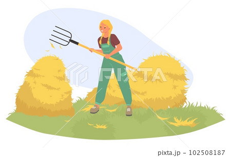 Woman farmer stacking hay with pitchfork vector illustration 102508187