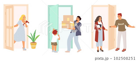 Vector people come in and out of doors scene set Vector people come in and out of doors scene set 102508251