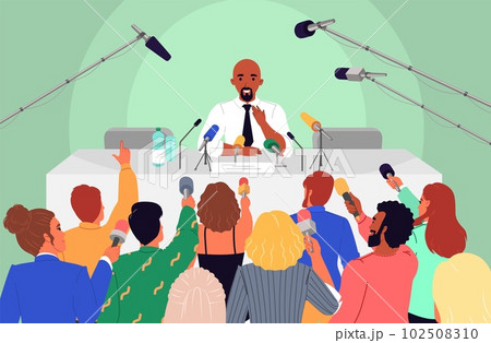 Press conference scene vector man speaker at table Press conference scene vector man speaker at table 102508310
