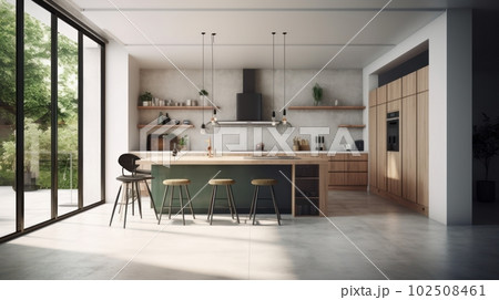 Minimalism interior of a large bright living room, light walls, wooden furniture, large windows Minimalism interior of a large bright living room, light walls, wooden furniture, large windows 102508461