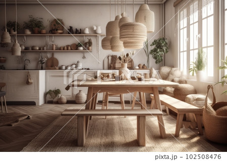 Cozy boho style kitchen with wooden furniture, wicker decor elements, natural materials, eco space 102508476