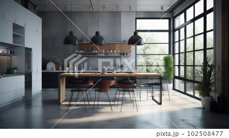 Large bright living room with a kitchen, marble elements, a large number of chairs, large windows, a view of the garden from the windows. 102508477