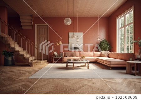 Spacious living room with modern sofas, wooden floors, pastel colored walls, large open space with stairs to the second floor, 102508609
