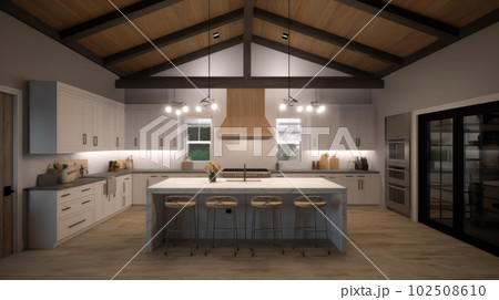 Large kitchen room classic American style of marble and wood, pistachio and light shades, light walls, many windows. 102508610
