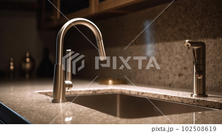 Water faucet with sink in the kitchen marble finish, modern kitchen interior design 102508619