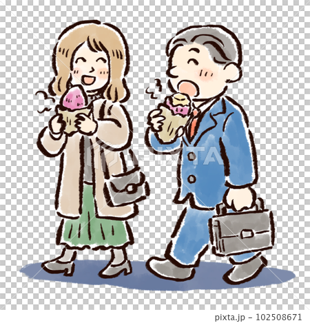 Hand-drawn illustration of a working couple eating baked sweet potato Hand-drawn illustration of a working couple eating baked sweet potato 102508671