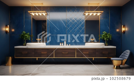 Luxury bathroom in art deco style, emerald green walls, marble sinks, walls, modern interior, gold framed mirrors Luxury bathroom in art deco style, emerald green walls, marble sinks, walls, modern interior, gold framed mirrors 102508679