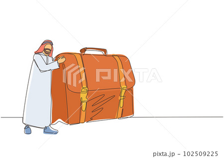 Single one line drawing joyful Arabian businessman hugs suitcase with money. Boss and case with cash. Successful business pleasure goal. Modern continuous line draw design graphic vector illustration Single one line drawing joyful Arabian businessman hugs suitcase with money. Boss and case with cash. Successful business pleasure goal. Modern continuous line draw design graphic vector illustration 102509225