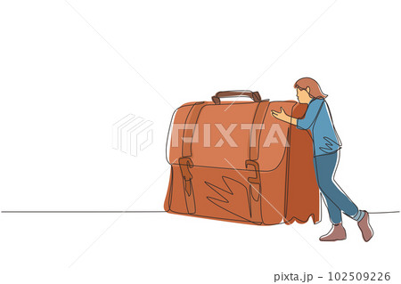 Single continuous line drawing joyful businesswoman hugs suitcase with money. Happy boss and case with cash. Successful business pleasure goal. Dynamic one line draw graphic design vector illustration Single continuous line drawing joyful businesswoman hugs suitcase with money. Happy boss and case with cash. Successful business pleasure goal. Dynamic one line draw graphic design vector illustration 102509226