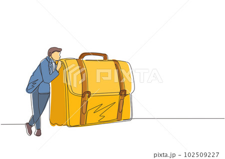 Single one line drawing joyful businessman hugs suitcase with money. Happy boss and case with cash. Successful business pleasure goal. Modern continuous line draw design graphic vector illustration 102509227