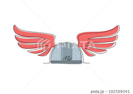 Single one line drawing gaul (gaelic) warrior helmet with wings. Warrior symbol icon isolated. Flat element for emblem, sticker, badge, label, icon. Modern continuous line draw design graphic vector 102509341
