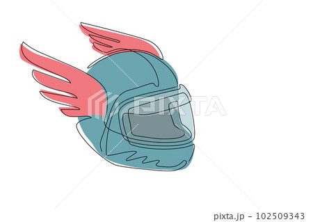 Single continuous line drawing motorbike, racing helmet with wings icon. Motorcycle race, motocross or biker club, motorsport competition with winged helmet. One line draw design vector illustration 102509343