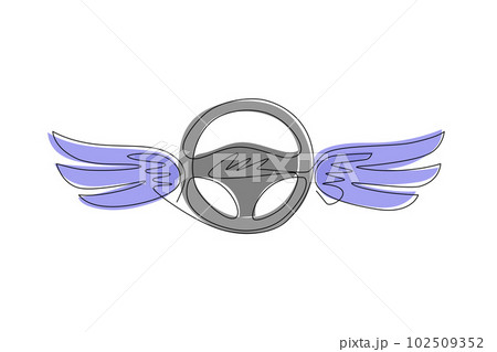 Continuous one line drawing steering wheel with wings. Driving school logo or symbol. Design flat element for emblem, sticker, badge, label, icon. Single line draw design vector graphic illustration 102509352