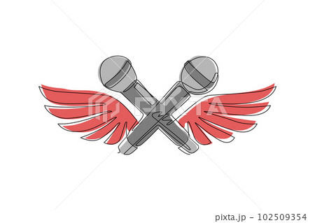 Continuous one line drawing two crossed mic with wings. Karaoke party promotion poster design composed using musical notes. Rap battle concept, two stage microphones. Single line draw design vector 102509354