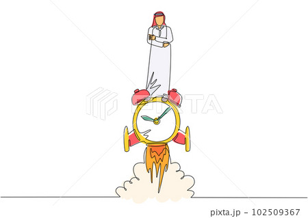 Single continuous line drawing Arabian businessman riding alarm clock rocket ship with fire, clouds. Time, watch, limited offer, deadline. Time to work. Countdown shuttle. One line draw design vector Single continuous line drawing Arabian businessman riding alarm clock rocket ship with fire, clouds. Time, watch, limited offer, deadline. Time to work. Countdown shuttle. One line draw design vector 102509367