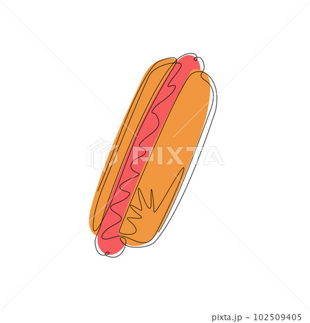 Continuous one line drawing hot dog. Fast food cooked sausage of hot dog in sliced bun. Fast food for poster, menus, brochure, web, icon fast food. Single line draw design vector graphic illustration 102509405