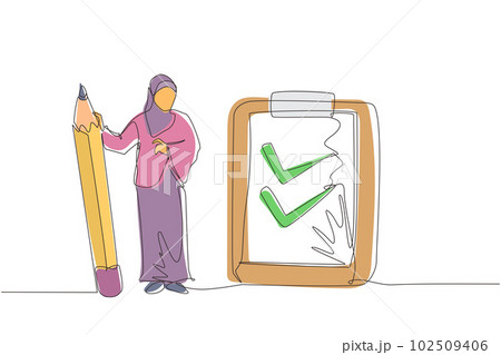 Single continuous line drawing happy smiling Arab businesswoman with pencil, clipboard, checklist completed. Business success completed plan concept. One line draw graphic design vector illustration 102509406