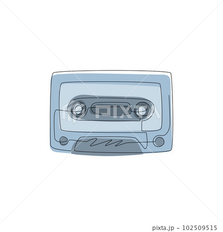 Single one line drawing retro cassette sticker icon. Cassette tape music logo symbol template. Cassette flat style banner poster emblem. Modern continuous line draw design graphic vector illustration 102509515