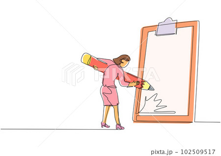Continuous one line drawing businesswoman mark checklist with pencil. Person completion business task. Goal achievements planning schedule concept. Single line draw design vector graphic illustration 102509517