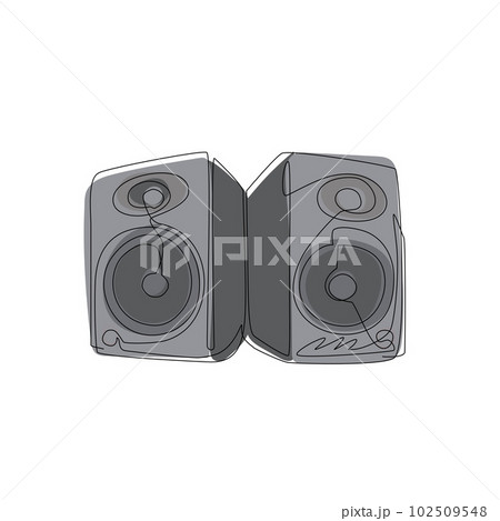 Continuous one line drawing music system speakers with icon logo. Musical equipment grunge image of speaker flat design elements banner poster. Single line draw design vector graphic illustration Continuous one line drawing music system speakers with icon logo. Musical equipment grunge image of speaker flat design elements banner poster. Single line draw design vector graphic illustration 102509548
