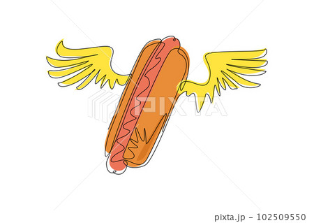 Single continuous line drawing hot dog with wings logo. Meal, delivery, cafe, fun illustration icon. Love hot dog for fast food cafe concept. Dynamic one line draw graphic design vector illustration Single continuous line drawing hot dog with wings logo. Meal, delivery, cafe, fun illustration icon. Love hot dog for fast food cafe concept. Dynamic one line draw graphic design vector illustration 102509550