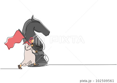Continuous one line drawing Arabian businessman running and holding flag beside big horse knight chess. Business achievement goal, metaphor concept. Single line draw design vector graphic illustration Continuous one line drawing Arabian businessman running and holding flag beside big horse knight chess. Business achievement goal, metaphor concept. Single line draw design vector graphic illustration 102509561