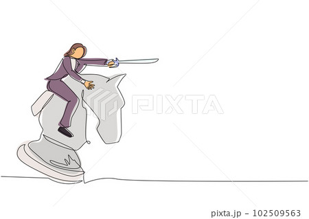 Continuous one line drawing cute businesswoman riding big chess horse knight with sword. Strategy, business, competition, achievement goal concept. Single line draw design vector graphic illustration 102509563