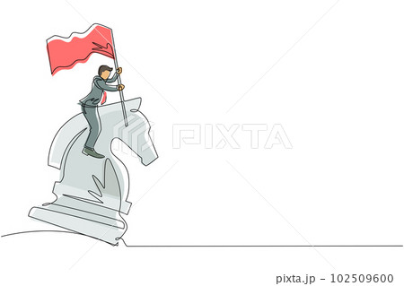 Continuous one line drawing businessman riding big chess horse knight and holding flag, strategy, competitive, strategic move in business concept. Single line draw design vector graphic illustration Continuous one line drawing businessman riding big chess horse knight and holding flag, strategy, competitive, strategic move in business concept. Single line draw design vector graphic illustration 102509600