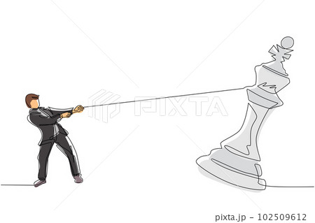 Continuous one line drawing young businessman pulling big king chess with rope. Business achievement goal, strategy, competitive, strategic concept. Single line draw design vector graphic illustration 102509612