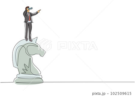 Single one line drawing businessman on top of big horse chess piece using telescope looking for success, opportunities, future business trends. Continuous line draw design graphic vector illustration 102509615