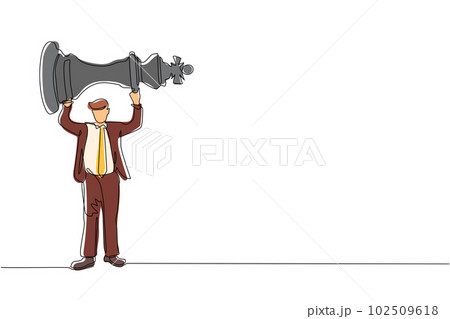 Single continuous line drawing businessman holding, lifting king chess piece. Successful entrepreneurship tactics or strategy, superiority in business. One line draw graphic design vector illustration Single continuous line drawing businessman holding, lifting king chess piece. Successful entrepreneurship tactics or strategy, superiority in business. One line draw graphic design vector illustration 102509618