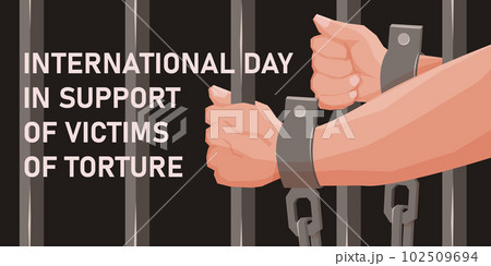 International Day in Support of Victims of Torture vector. Hands in shackles vector. Handcuffed hands vector. Abused people. International Day in Support of Victims of Torture Poster 102509694