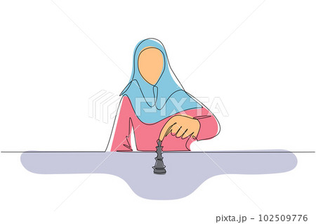 Single continuous line drawing strategy, leadership and management concept. Young Arabic businesswoman sitting and moving chess figure alone feeling confident. One line draw design vector illustration 102509776
