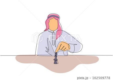 Single one line drawing strategy, leadership and management concept. Young smiling Arab businessman sitting and moving chess figure alone feeling confident. Continuous line draw design graphic vector 102509778
