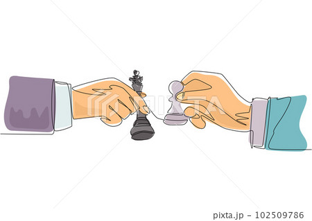 Single continuous line drawing two man's hands with king and pawn chess pieces. Vintage engraving stylized drawing. Sport, competition, competitive. One line draw graphic design vector illustration Single continuous line drawing two man's hands with king and pawn chess pieces. Vintage engraving stylized drawing. Sport, competition, competitive. One line draw graphic design vector illustration 102509786