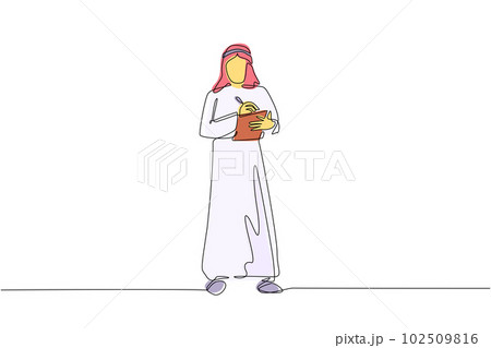 Single continuous line drawing male office secretary writing with clipboard. Arabian man in elegant wear, assisting in paper work. Business workwear trend, city fashion. One line draw design vector Single continuous line drawing male office secretary writing with clipboard. Arabian man in elegant wear, assisting in paper work. Business workwear trend, city fashion. One line draw design vector 102509816