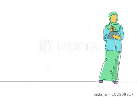 Single one line drawing female office secretary writing with clipboard. Arabic woman in elegant wear, assisting in paper work. Business workwear trend, city fashion. Continuous line draw design vector 102509817